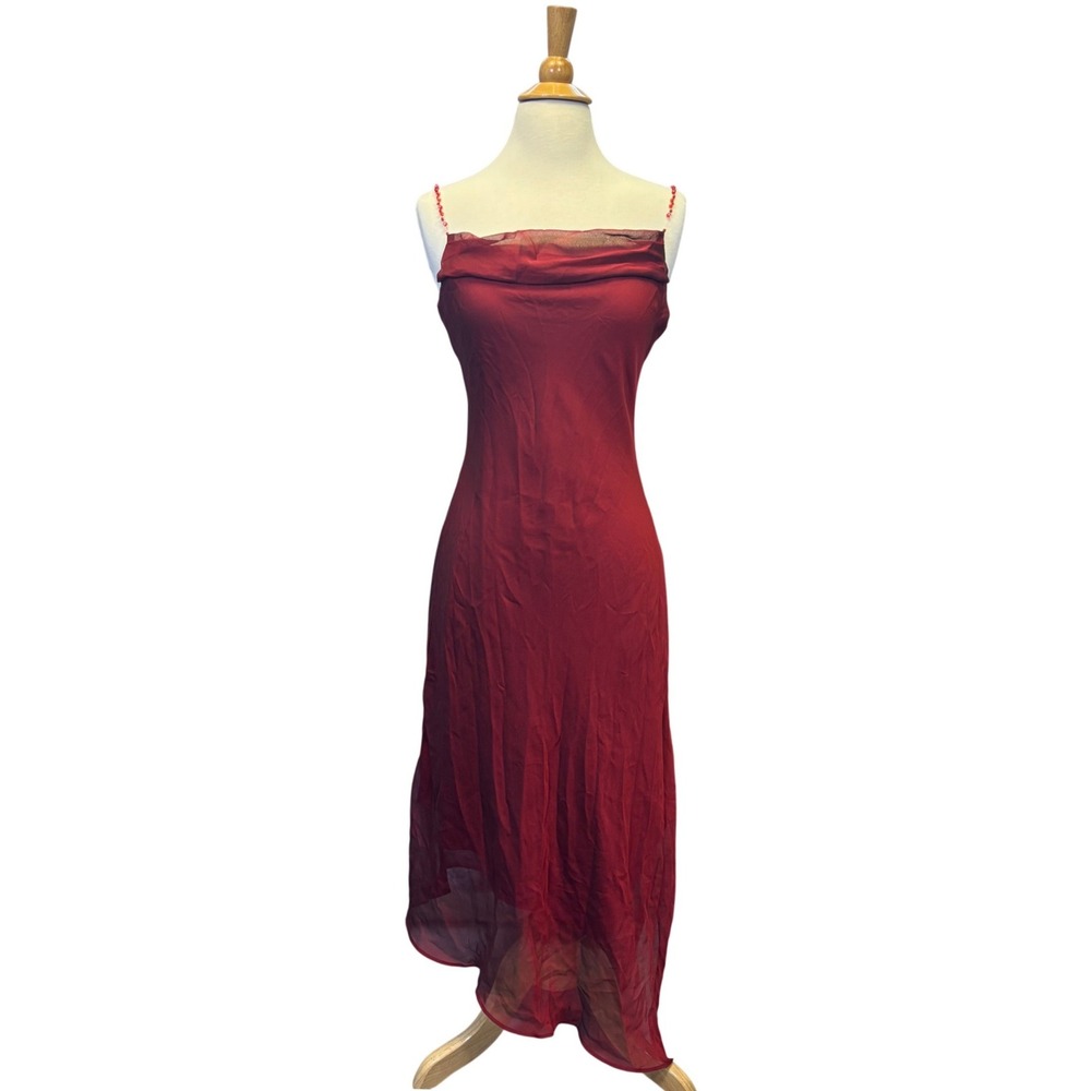 Charlotte Russe Red Beaded Strap Midi Dress Sheer Overlay Y2K Party Prom Size M